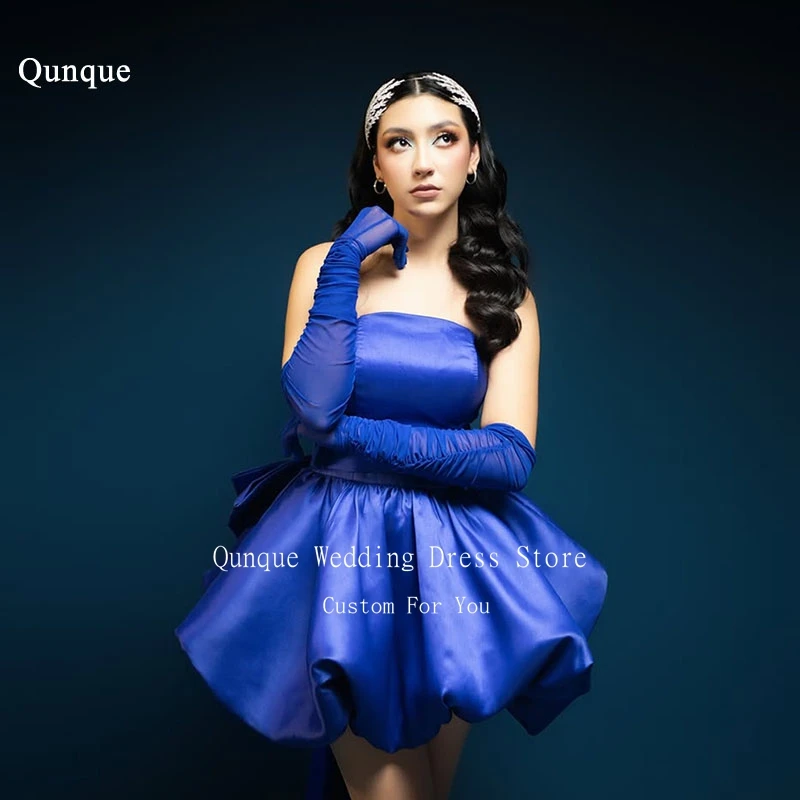 

Qunque Blue Birthday Dresses Luxury Photo Shoot Backless Satin Mini Prom Dresses Back Bow Ball Gown Dress for Women Customized