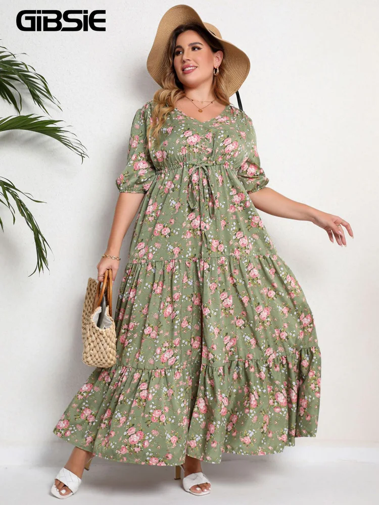 GIBSIE Plus Size Floral Print Knot Front Ruffle Hem Summer Dress Women Vacation Boho Puff Sleeve Split A-line Maxi Long Dresses