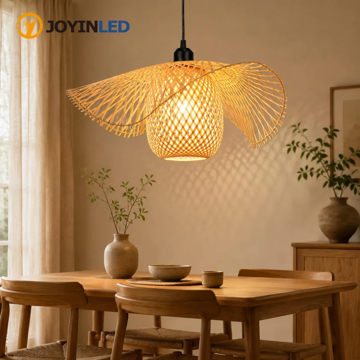 JOYINLED 45cm Woven Bamboo Pendant Light Natural Rattan Hanging Lamp Handmade Japanese Style Chandelier for Dining Room Decor