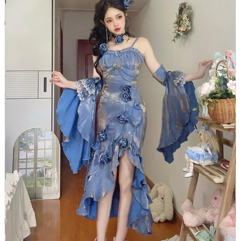 Halloween blue rose fish tail elegant Goddess sister dress