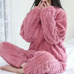 Autumn Winter Women Solid Warm 2 Piece Sets Thicken Velvet Ribbed Fleece Set Pullover And Pants Women Casual Pajama Sets 2024