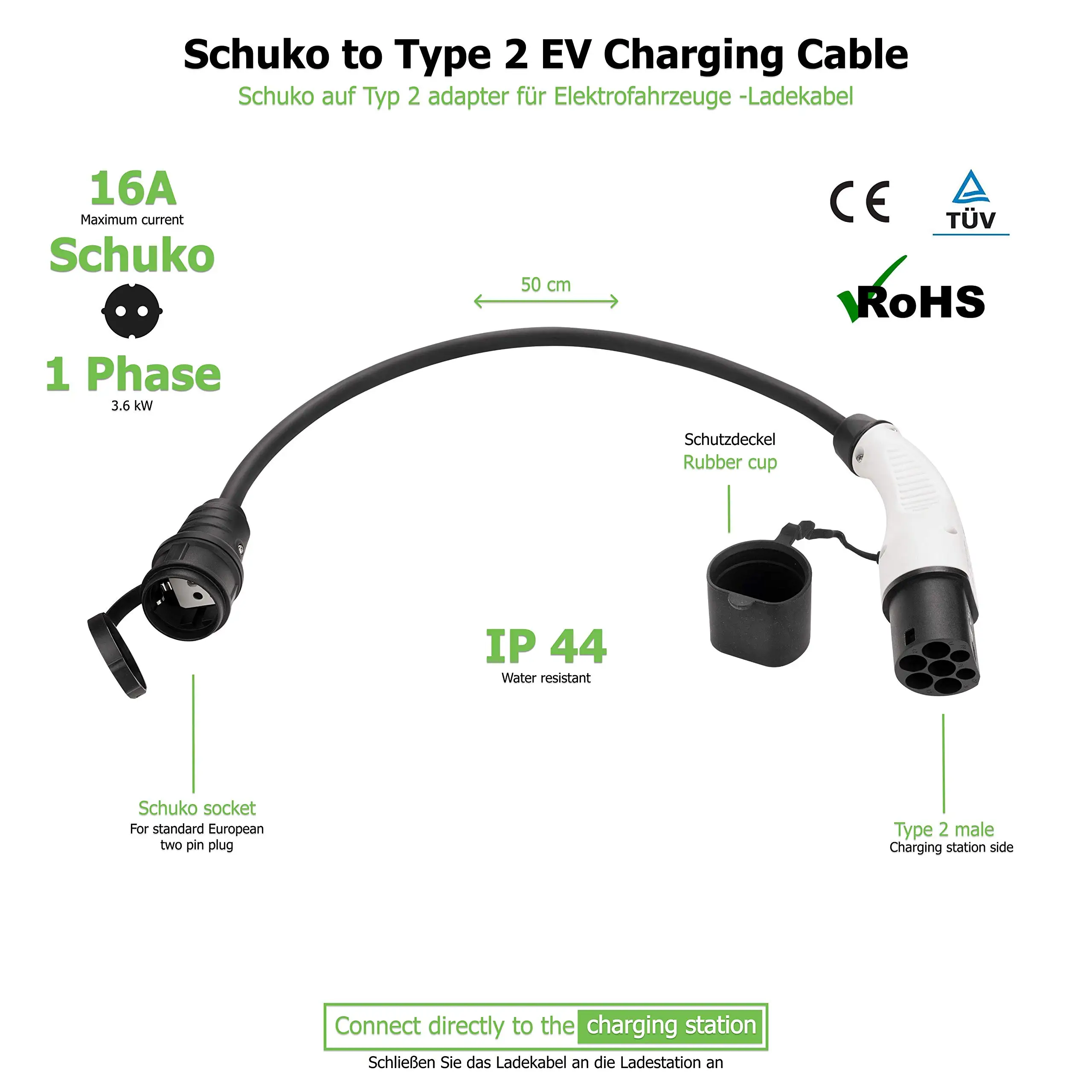 Duosida EV Adaptor for Electric Vehicle Charging Cable Schuko Socket to Type 2 Charger Adapter 1Phase 16A 3.6 KW With 0.5M Cable