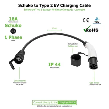 Duosida EV Adaptor for Electric Vehicle Charging Cable Schuko Socket to Type 2 Charger Adapter 1Phase 16A 3.6 KW With 0.5M Cable