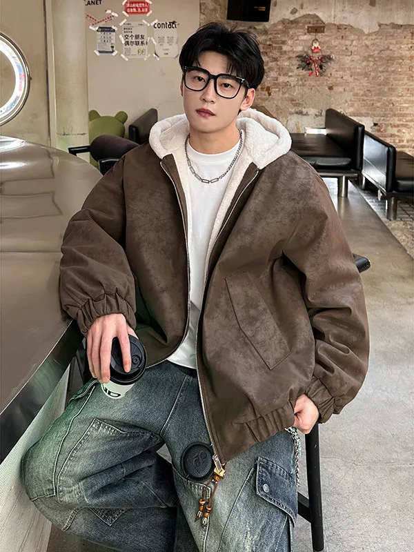 

TANGZ STUDIO Vintage Rusted Mountain Eagle Thiened Hoodie Jaet Men Loose High-End Cotton Polyester Blend Winter Coat