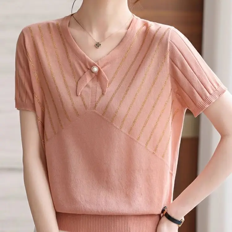 

Женская футболка, летний вязаный тонкий свитер с короткими рукавами, хлопковый однотонный женский свитер с v-образным вырезом, однотонные топы, блузка, базовый пуловер, футболки TS802