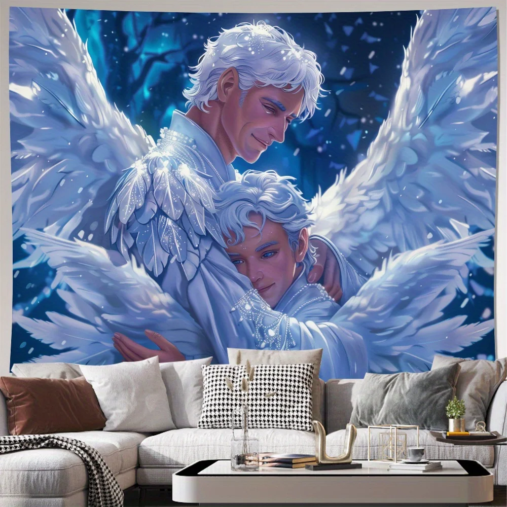 Angel Couple Fantasy Tapestry Blue Celestial Wall Art Hanging Decor Romantic Mythological Print Poster For Living Room Bedroom