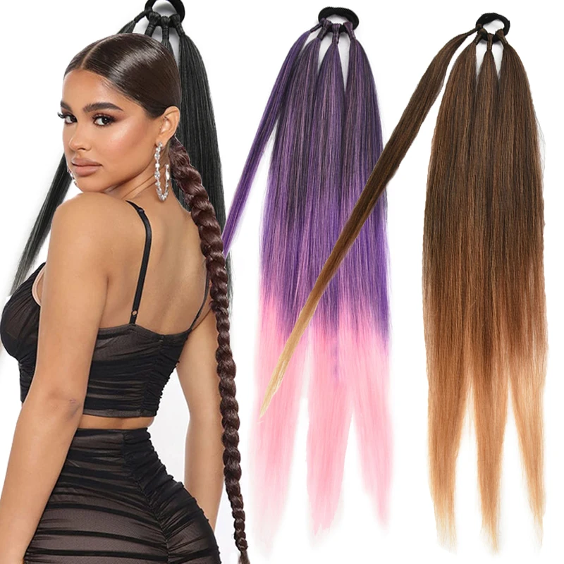 Extensiones de cola de caballo de boxeo con trenzas sintéticas, envoltura alrededor de cola de caballo con banda de goma, Anillo para el cabello, bricolaje, 26 pulgadas, Ombre, negro, marrón, gris