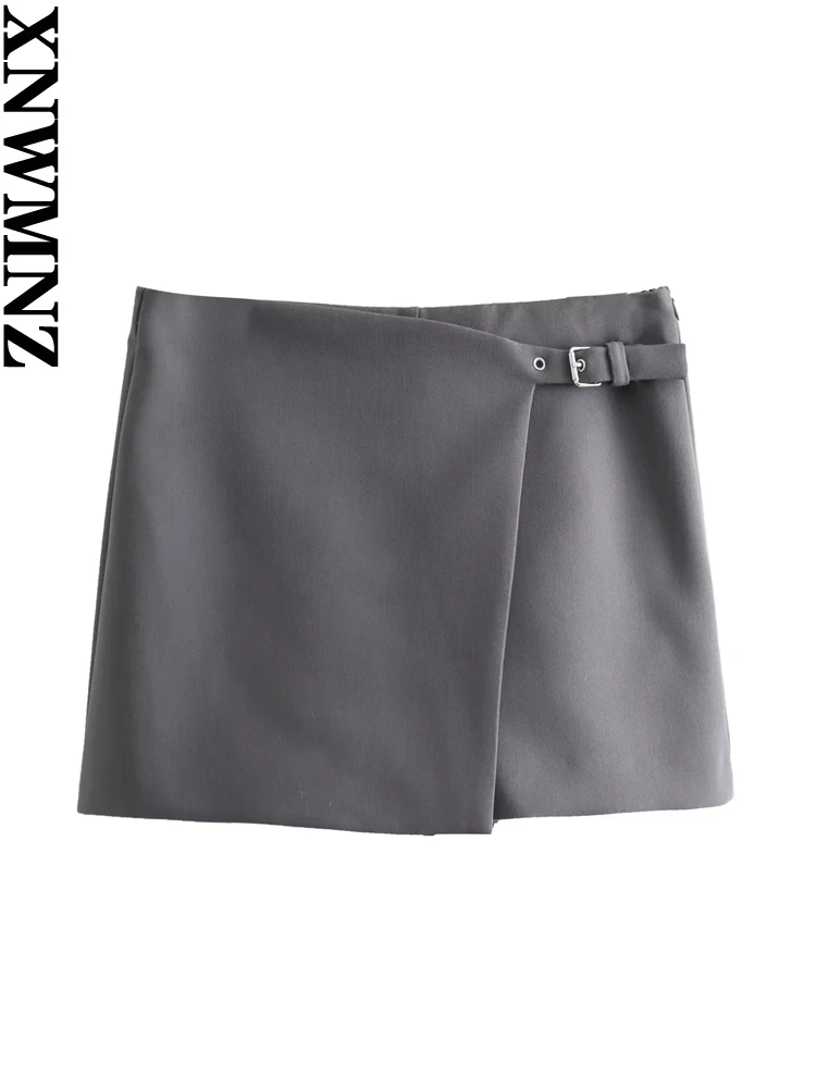 XNWMNZ 2024 Women's Fashion Asymmetric Mini Skirt Shorts Grey Black High Waist Wrap Skorts Female Casual Versatile Short Skirts