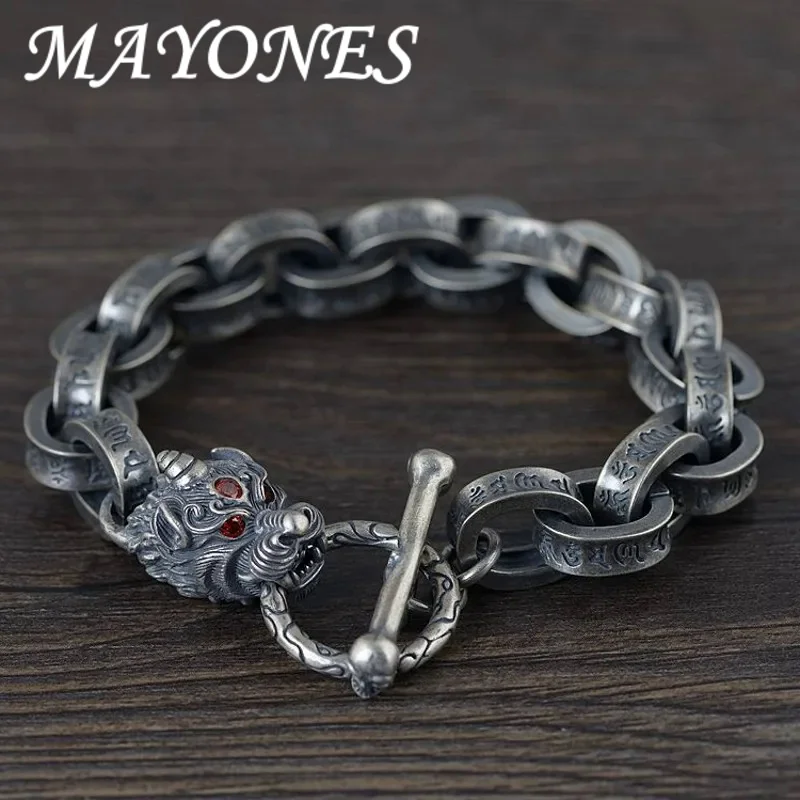 

SHIFT New 100% Ture Solid S925 Silver Antique Bracelet For Man Six-Word Mantra Unicorn Christmas Gifts