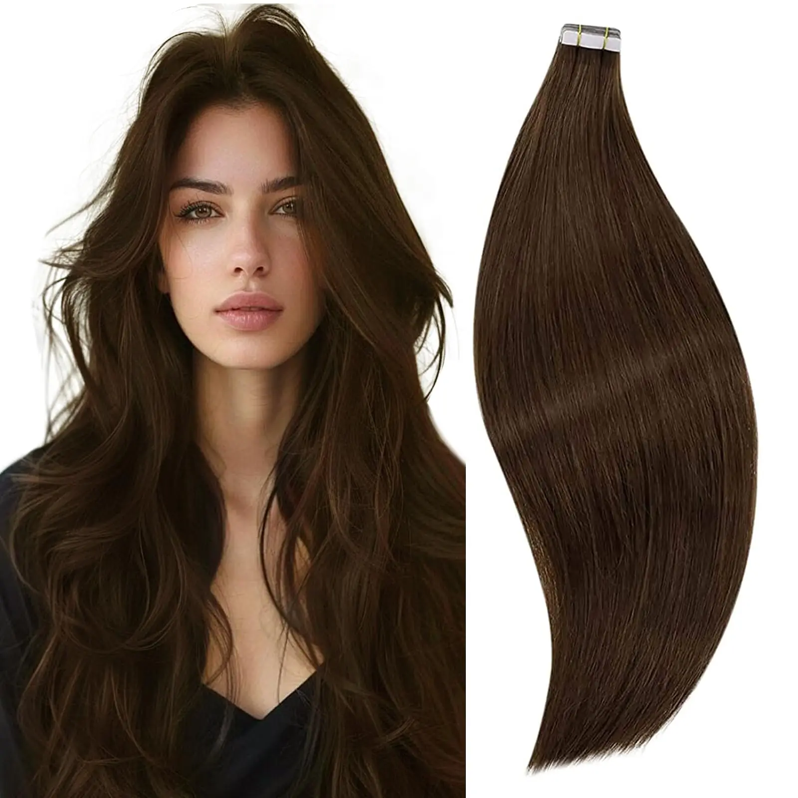 Tape in Hair Extensions Human Hair 18 Inch Long Tape in Extensions Remy Hair Brown Real Hair Seamless Glue in Hair Extensions