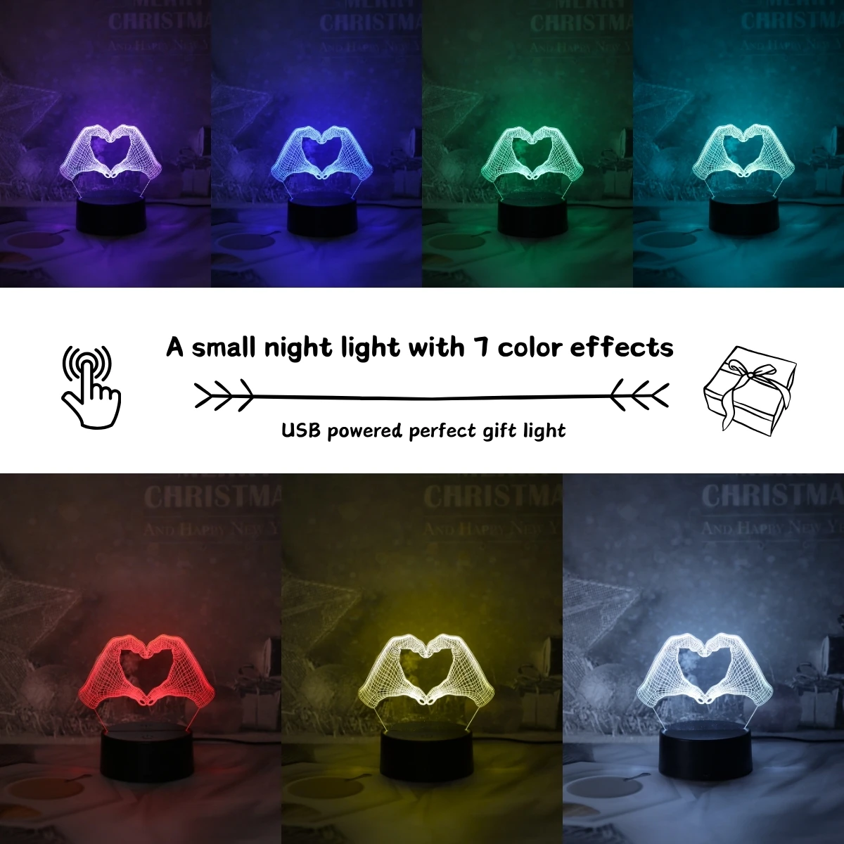 3D Two Hand Heart Night Light Home Desktop Decoration Christmas Decoration Fancy Lighting LED Room Light Birthday Gift Light