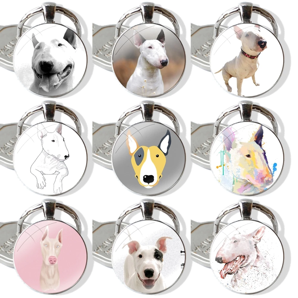 Keychain Handmade Glass Cabochon Key Ring Holder Pendant Key Chains Custom Bull Terrier Dog