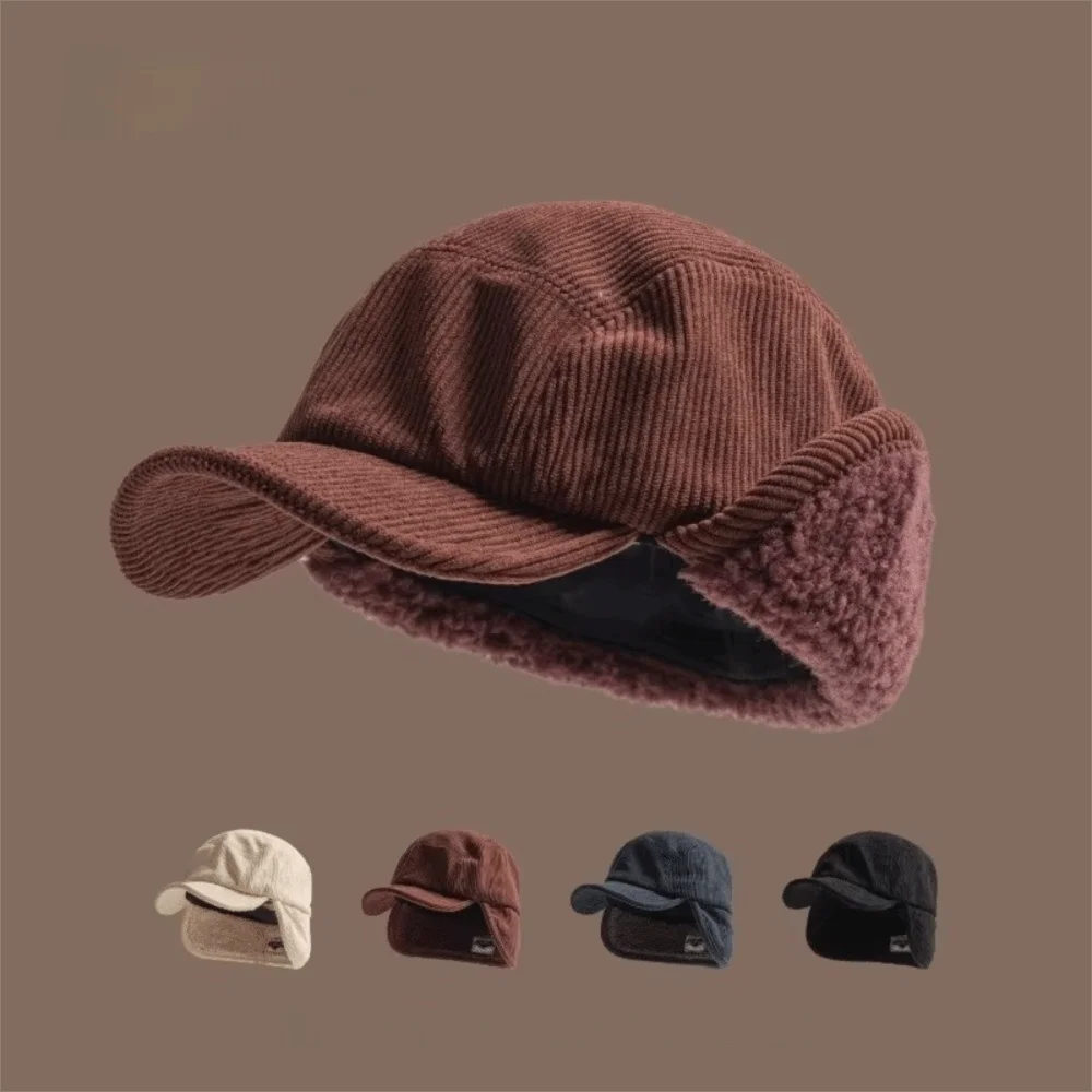 

Versatile Retro Bomber Hats Windproof Fleece-Lined Corduroy Caps Warm Earflap Ear Protection Caps Autumn Winter Men Women Wear