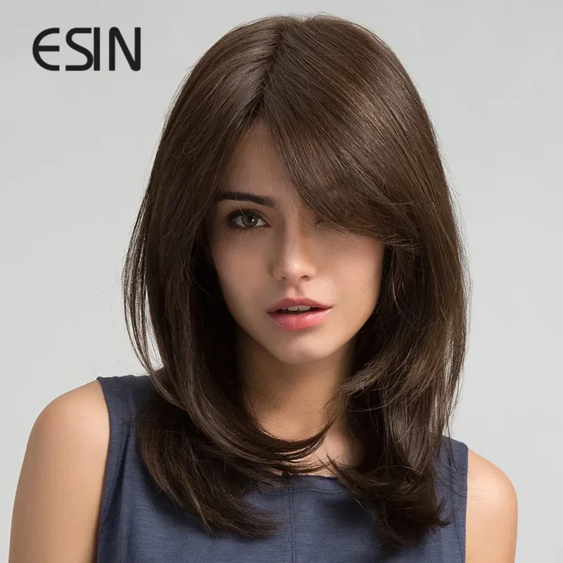 ESIN Synthetic Dark Brown Wig Long Wave Wigs For Women Hair Wig With Bangs Heat Resistant Party Daily Natural Use