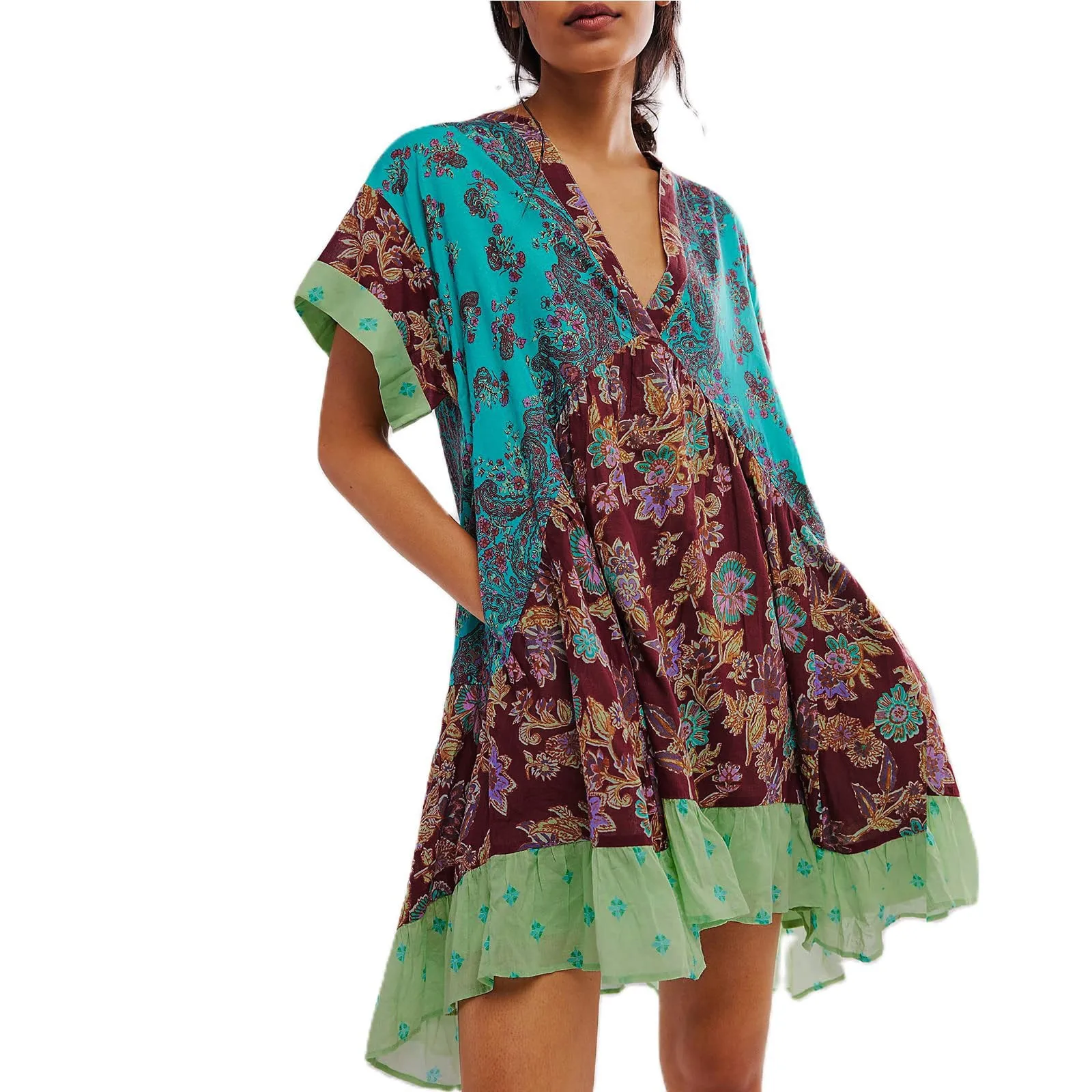 

Summer Women Boho Dresses Y2K Vintage Floral A-line Dress Fashion Ruffle Mini Dress Female V-Neck Casual Beach Sundress