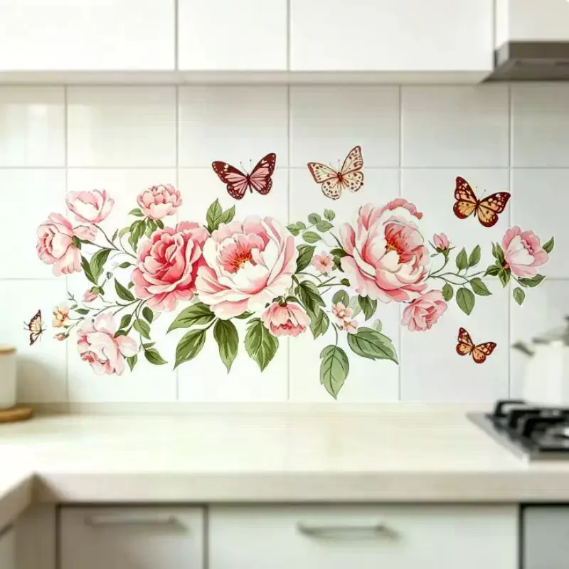 Floral Print Wall Sticker Self-Adhesive Removable Sink Backdrop Decal for Bathroom Kitchen Wall Decoration