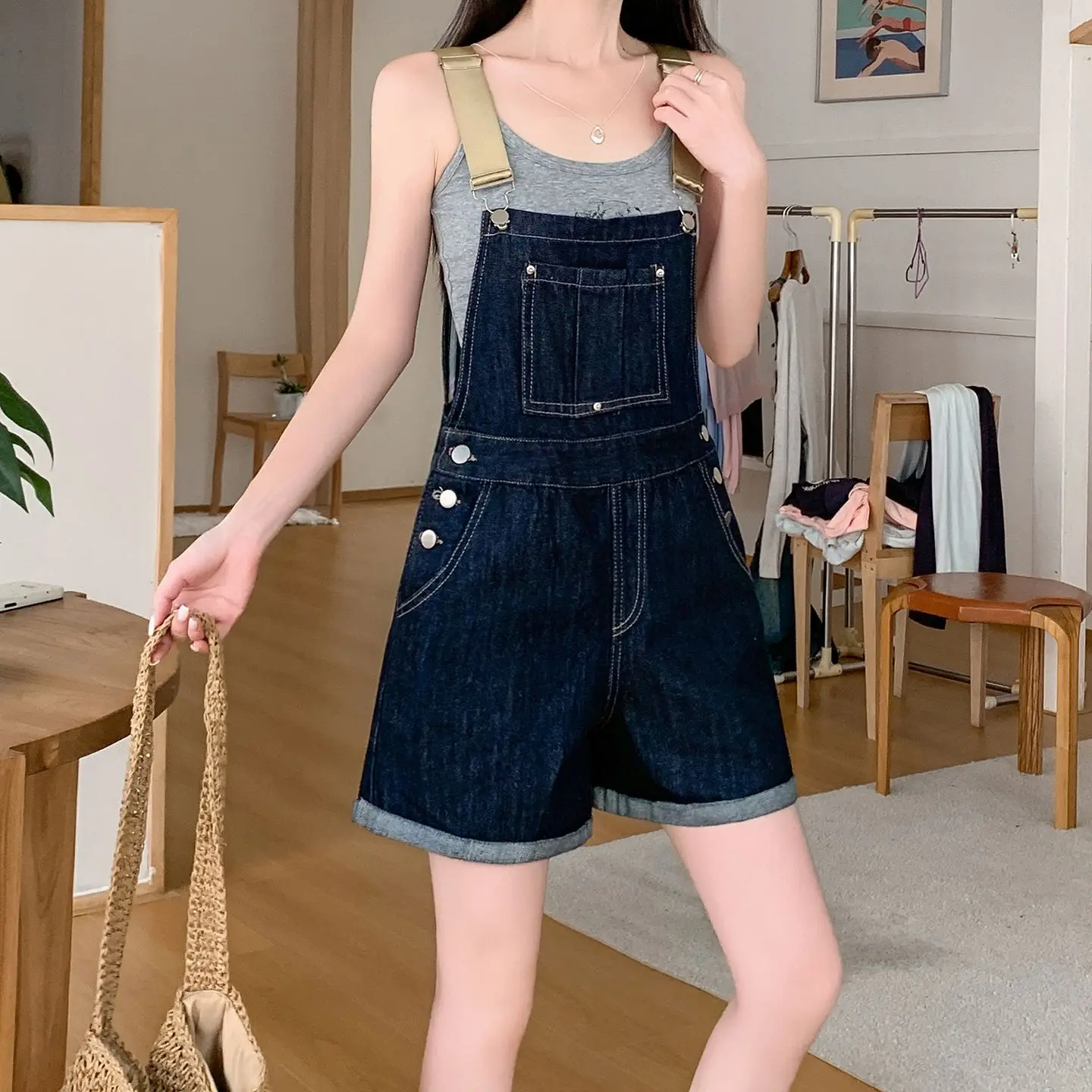 Retro Denim Overall Shorts for Women Summer New Design Loose Fit Deep Blue Shortalls with Side Button Pockets jumpsuits frauen