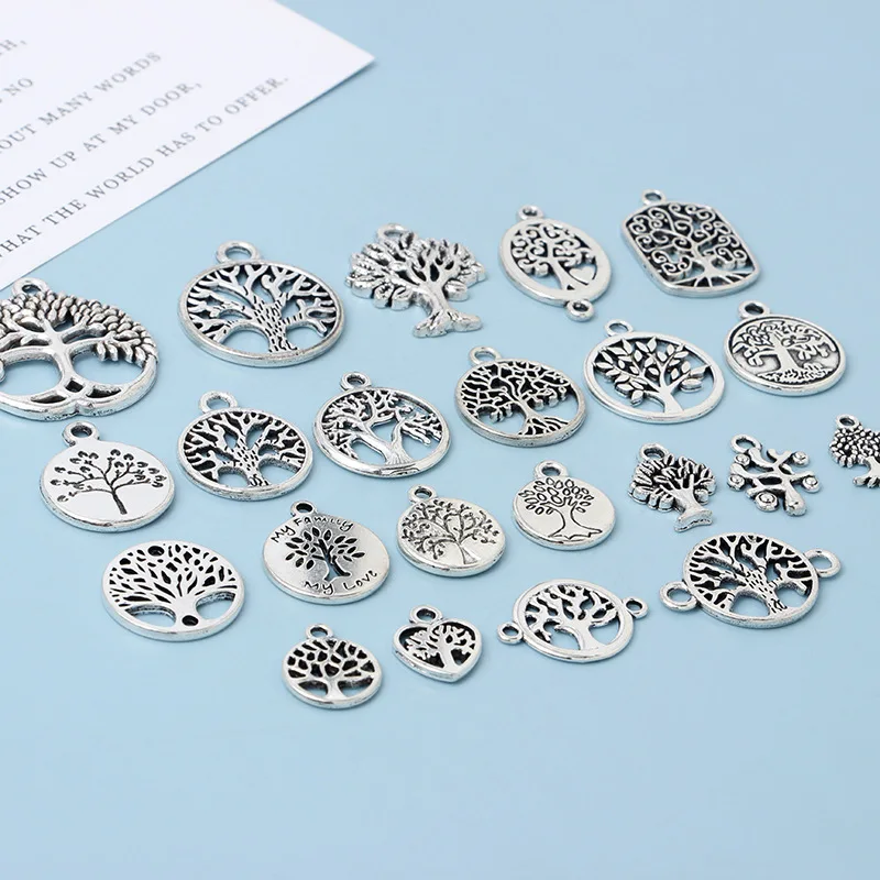 10pcs DIY Vintage Silver Round hollow Tree of Life Pendant Earring Creative Alloy Accessories Material charms for jewelry making