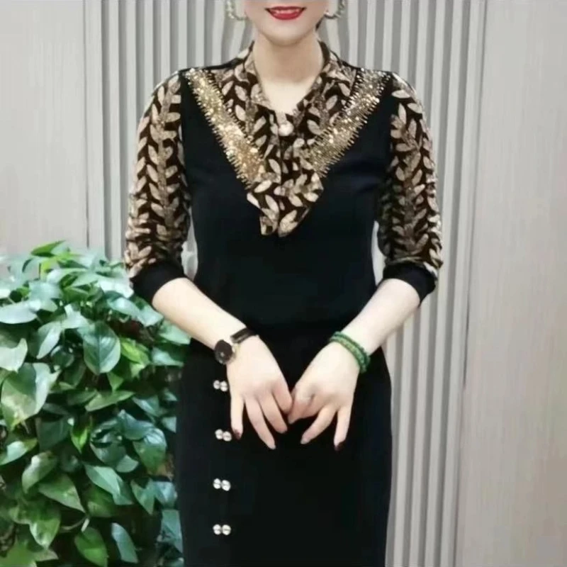 

Women Clothing Vintage Contrast Printing Loose Tops Tees Long Sleeve Patchwork Casual T Shirts Elegant Fashion Spring Autumn New