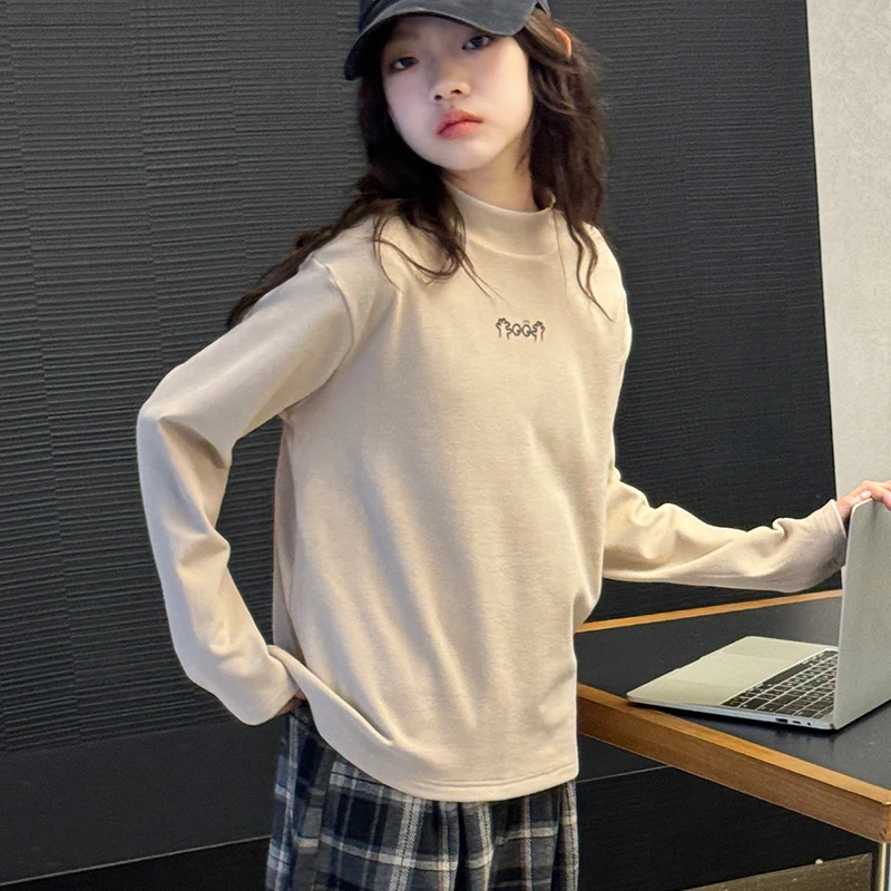

Girls' Long Sleeved T-shirt mid Size Children's Half High Collar Base Autumn Winter Outfit Brushed Thermal Fabric