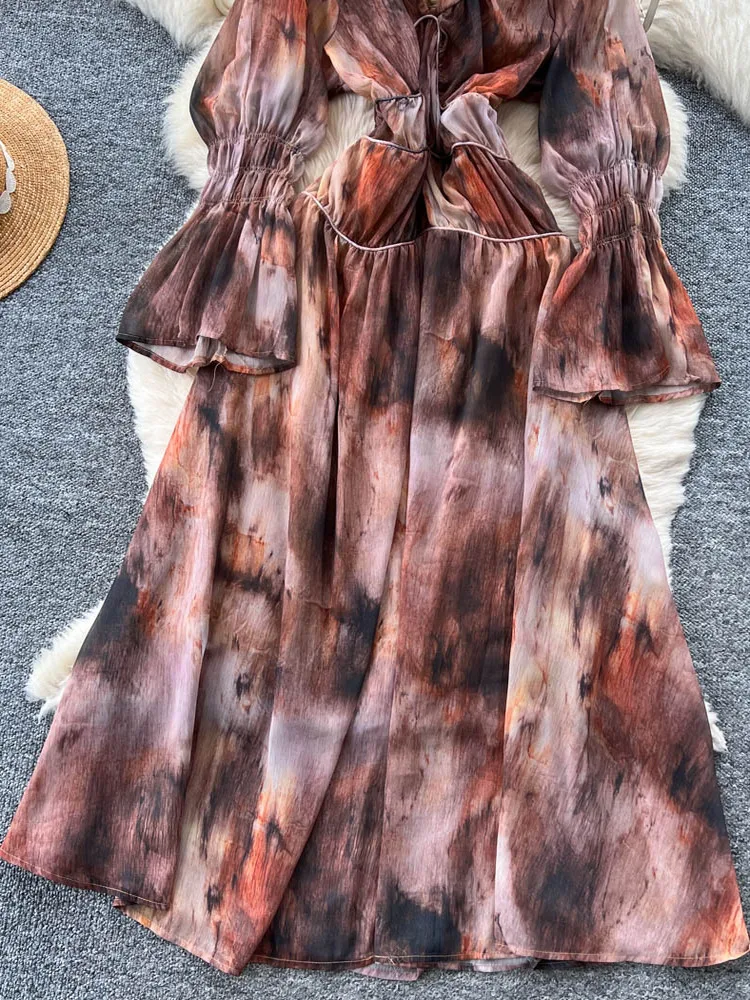 Ele V-ne Bell Sve Tie Dye Print Dr Women's High Waist A-line Skirt Summer Faion Gentle Sle Long Sve Dr