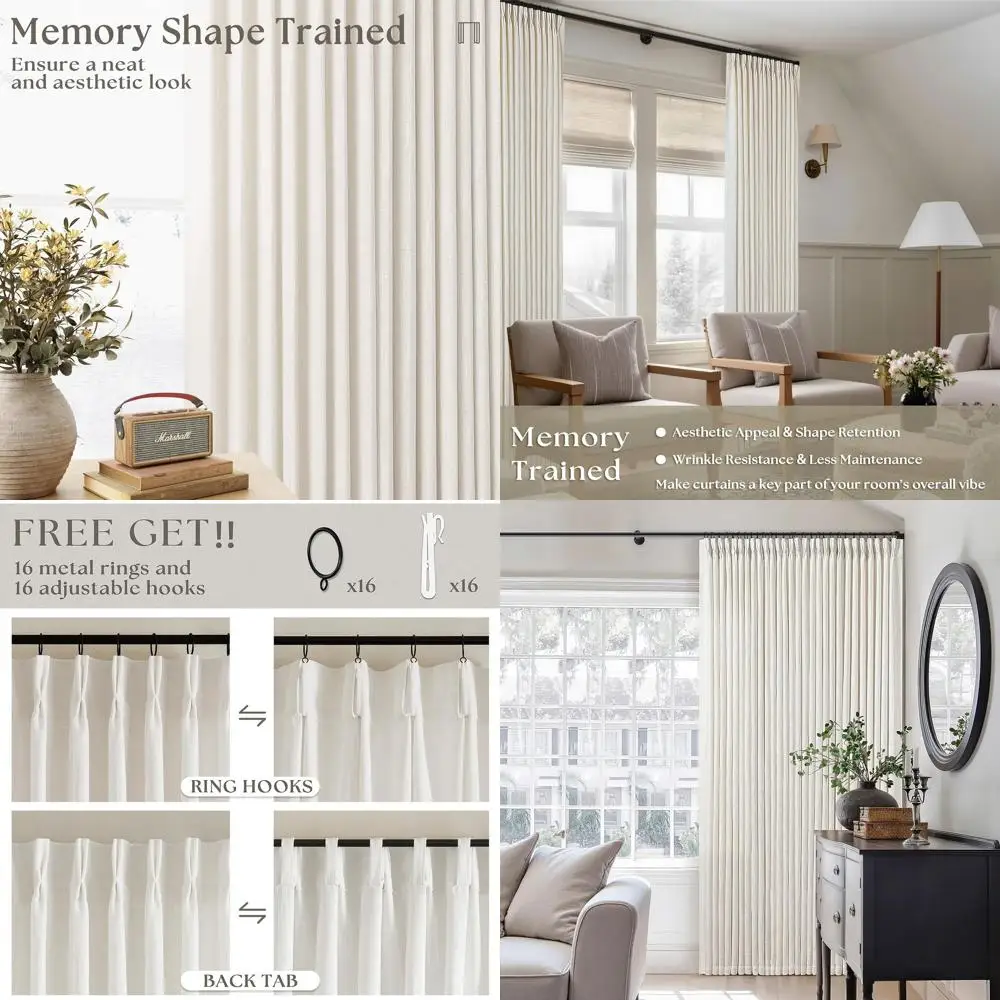 

Linen Curtains 84, 2-Panel Set, Textured Cream, Boho Style, Neutral Tones, Back Tab, Pinch Pleat Hooks