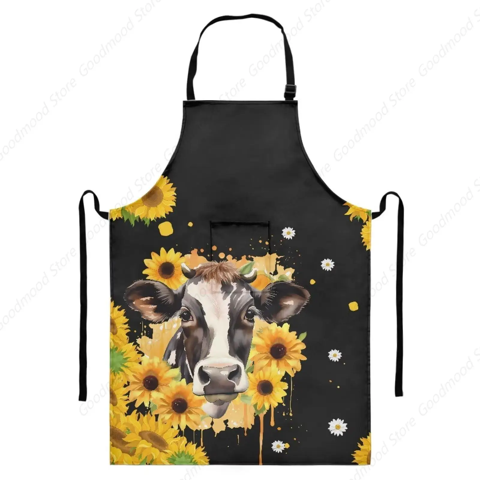 Cow With Sunflowers Aprons With Pocket And Adjustable Neck Strap,Black White Plaid Cooking Bib Anti Dirty Kitchen Work Apron