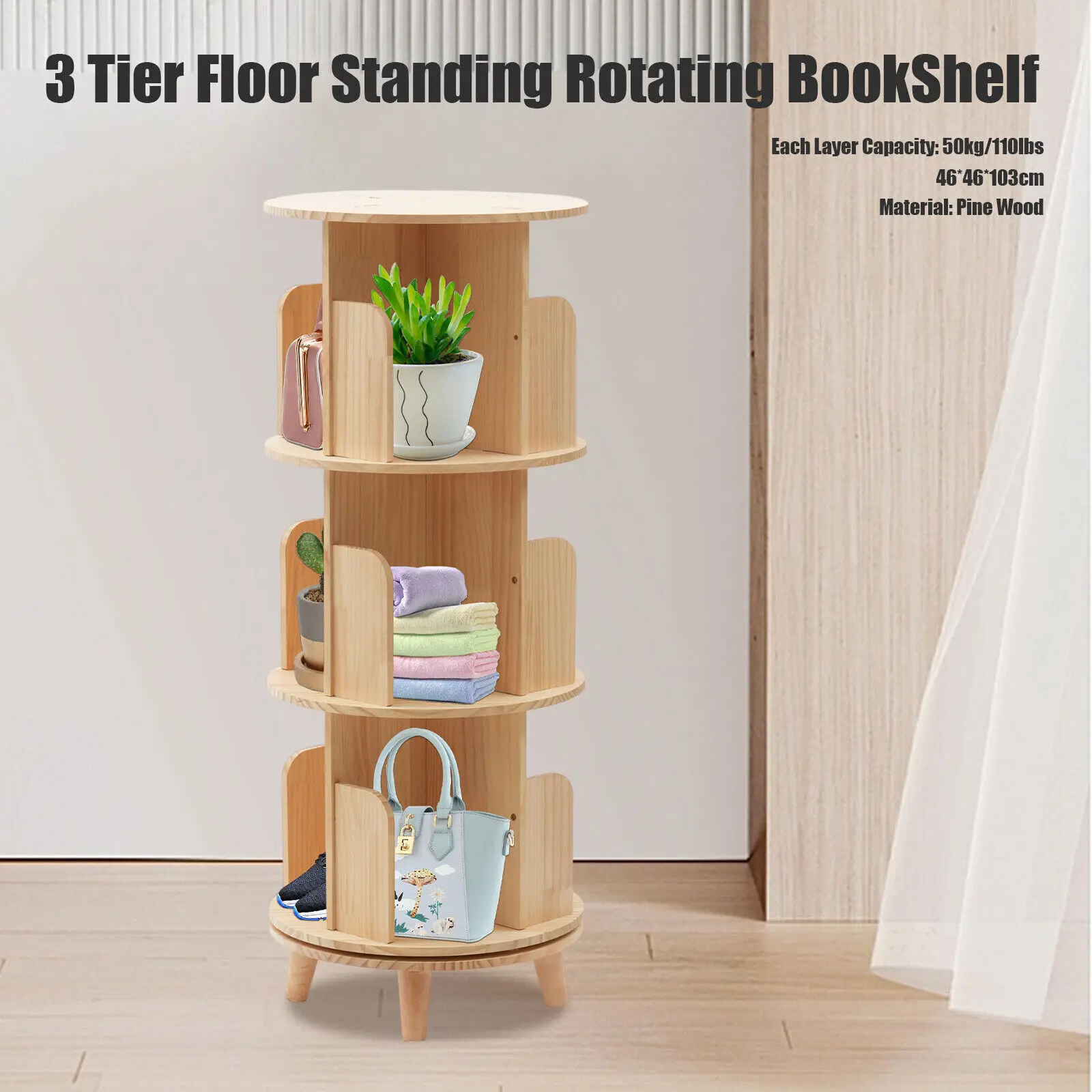 

3 Tier 360 Rotating Bookshelf Display Bookcase Floor Standing Bookcase Storage