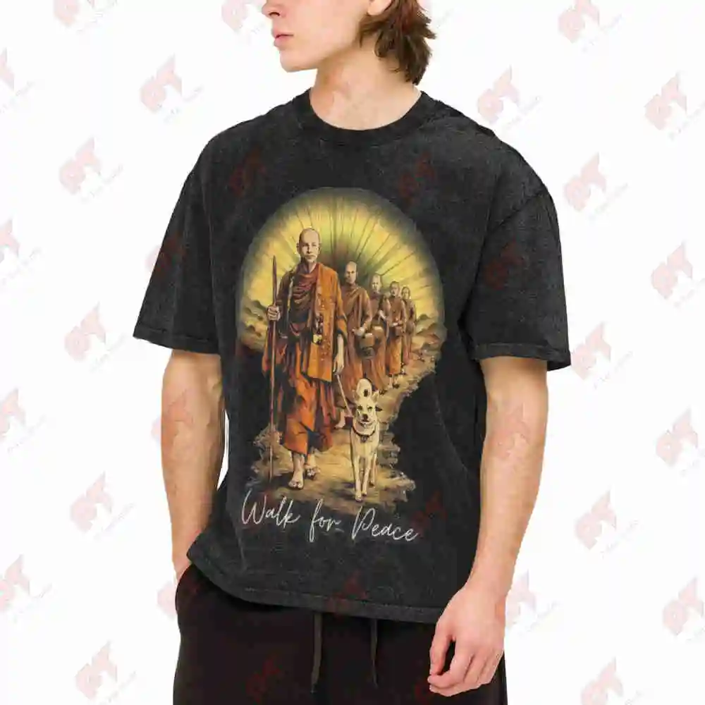 Walk For Peace Monk Vintage Washed Tee Pure Cotton T-Shirt