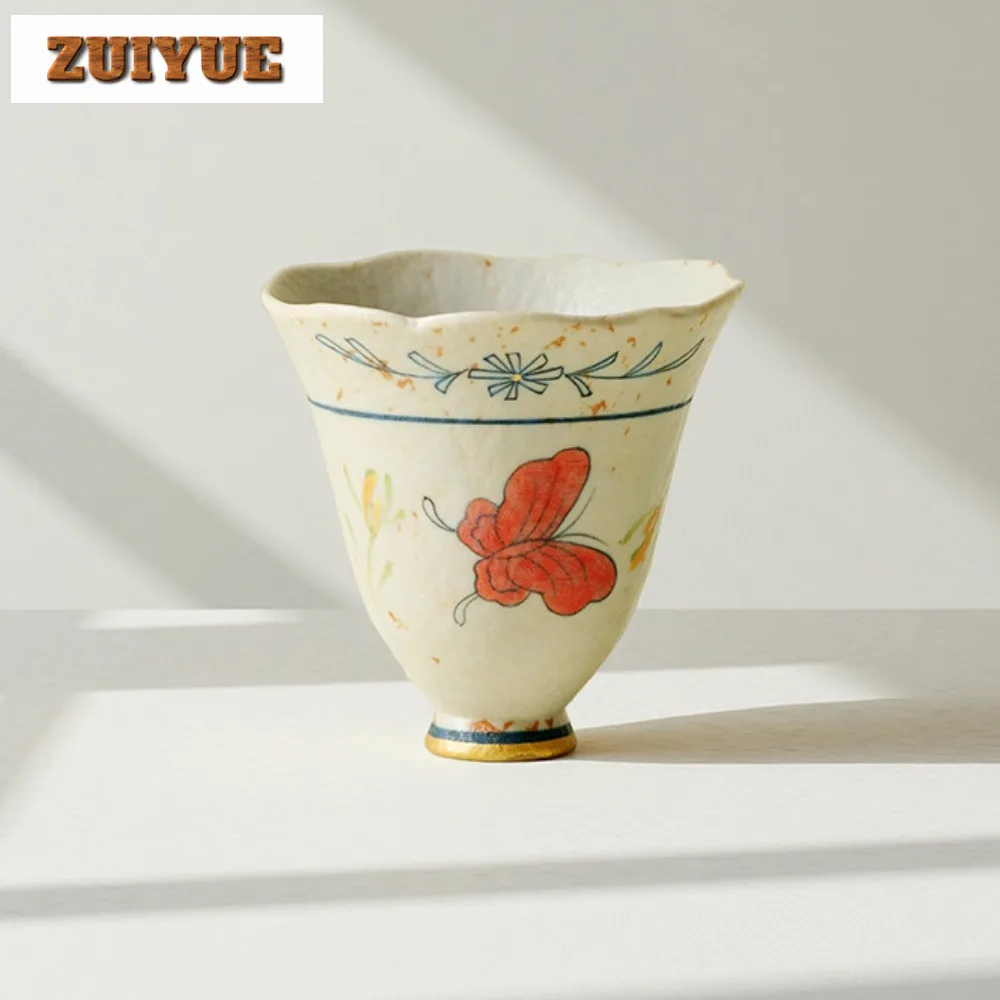 

45ml Caramel Glaze Hand-painted Butterfly Orchid Teacup Zen Tea Bowl Mug Tea-tasting Personal Cup Chazhan Master Cups Tea Set