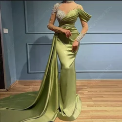 2025 High Collar Women Evening Dresses Gorgeous Long Sleeve Customized Satin Prom Gowns Cocktail Party Mopping Length فساتين سه