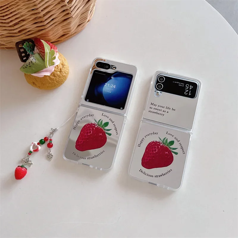 Зеркальный чехол с клубничным покрытием для телефона Samsung Galaxy Z Flip 6 5 4 3, защитный чехол-накладка для ZFlip4 ZFlip5 ZFlip6, чехол