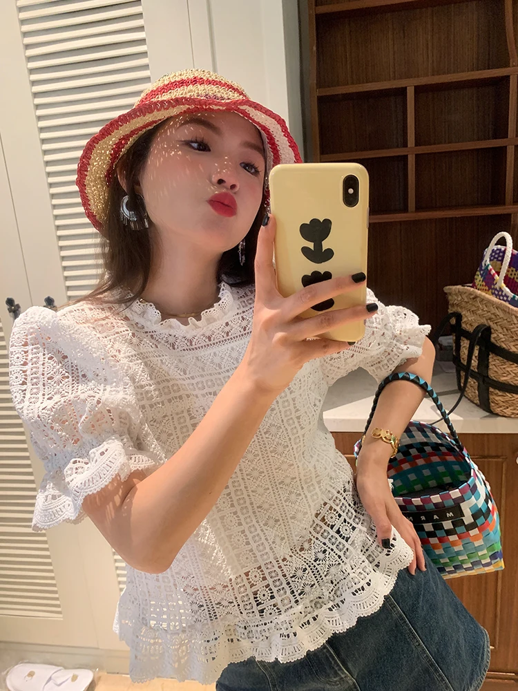 

Design Sensation Women's Lace irt 2024 New Sle Bubble Sve Overhead ort Cotton Polyester Korean Sle Commute Wind