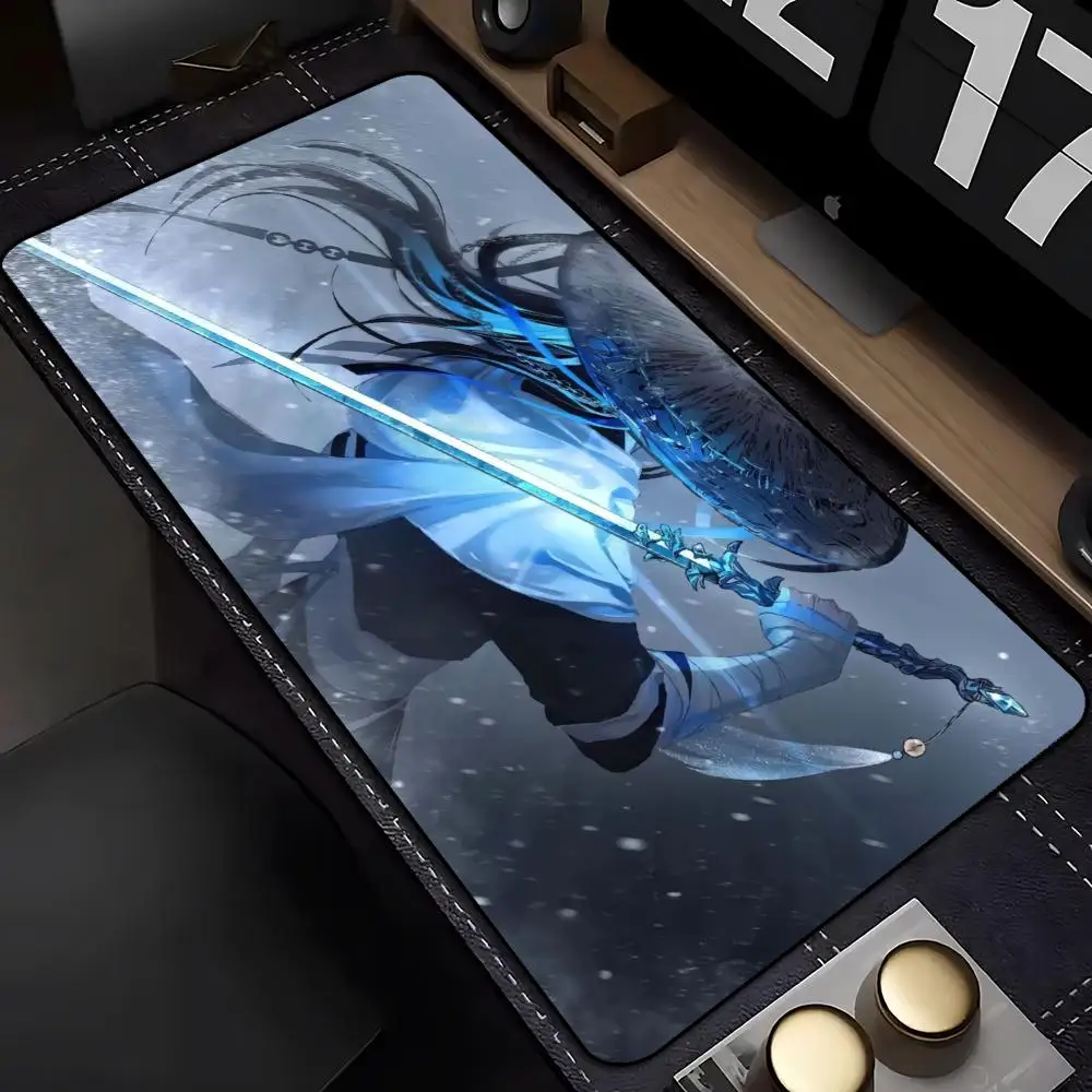 Dreamy Blue Swordsman Snow Mouse Pad Large Extended Gaming Desk Mat Non-slip Rubber Base Stitched Edges Graphic Design Pad