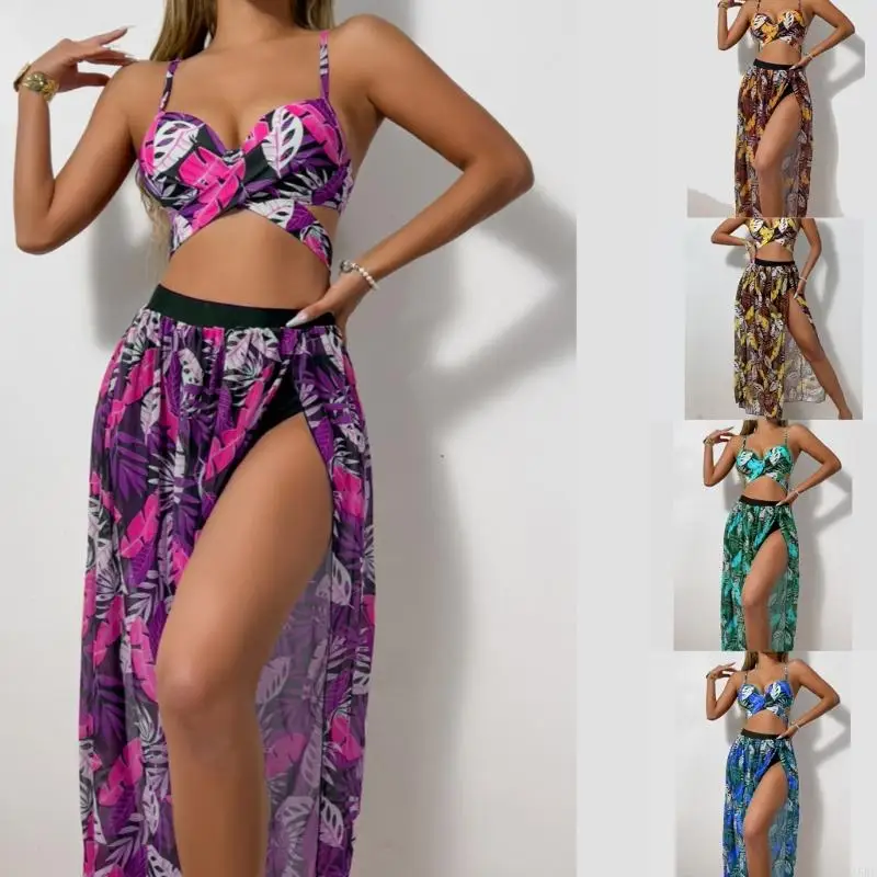 

Women Swimming Costume Set 3 Pcs Swimwear with Long Beach Skirt Flower Print Swimsuits Bathing Suit for Beachwear