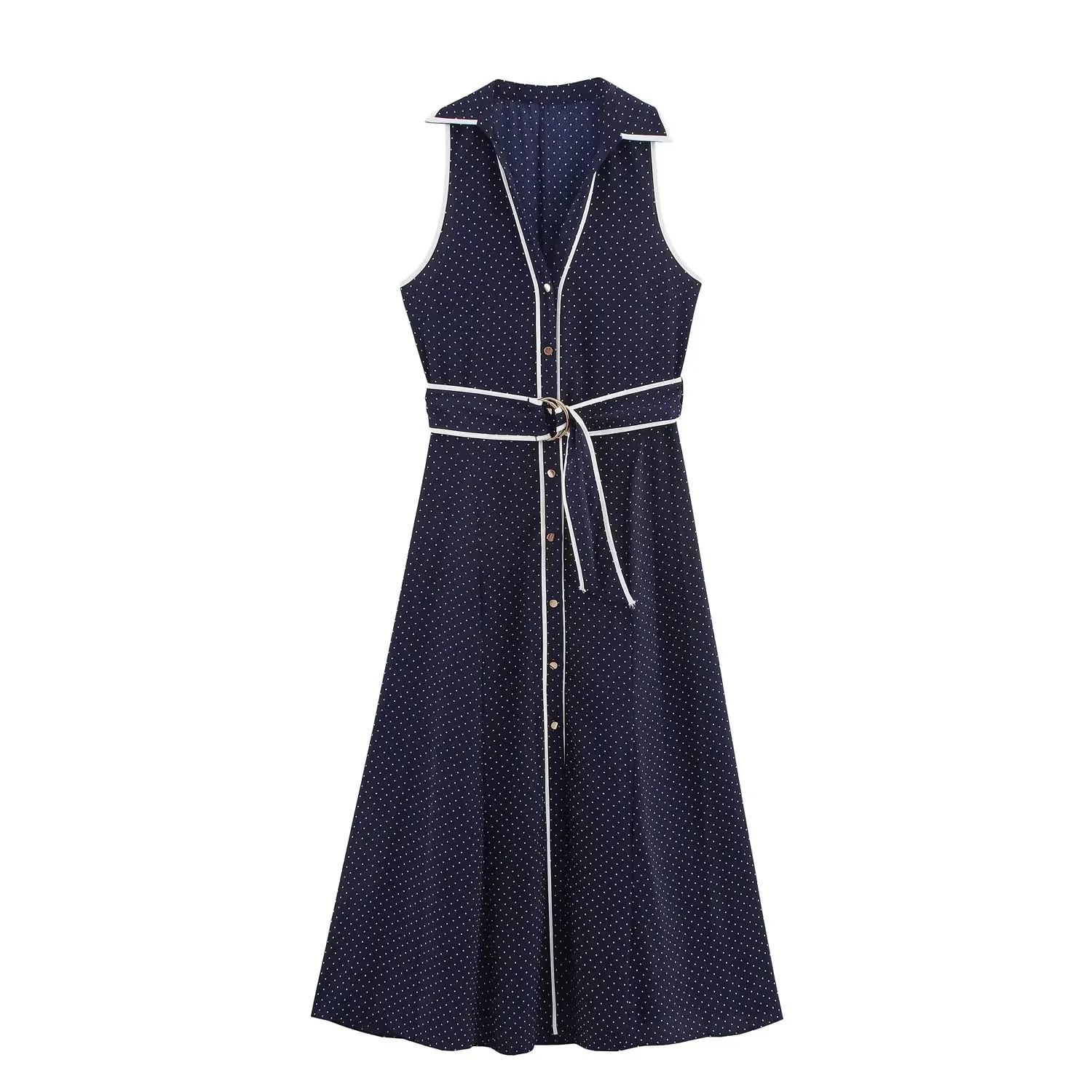 Frauen Elegante Ärmellose Einreiher Midi Kleid Sommer Frauen Revers Weiß Polka Dot Hemd Stile Illustration Kleid Mujer