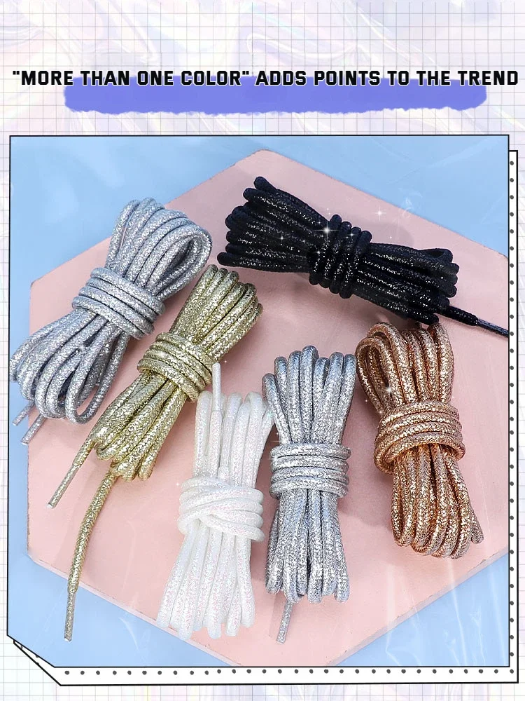 Round Glitter Shoelaces of Sneaker Trendy Bright White Colorful Lurex Shoelaces White Casual Sports Leather Running Shoes Laces