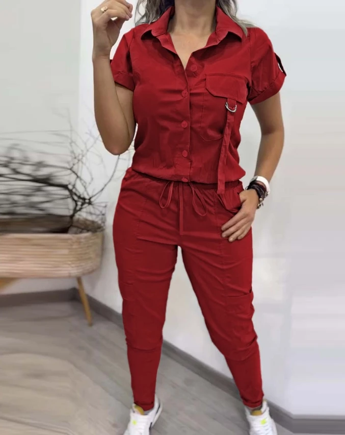 Solid Color Temperament, Fashionable and Casual Ribbed Lapel Workwear Short Sleeved Button Top and Drawstring Tight Leggings Set