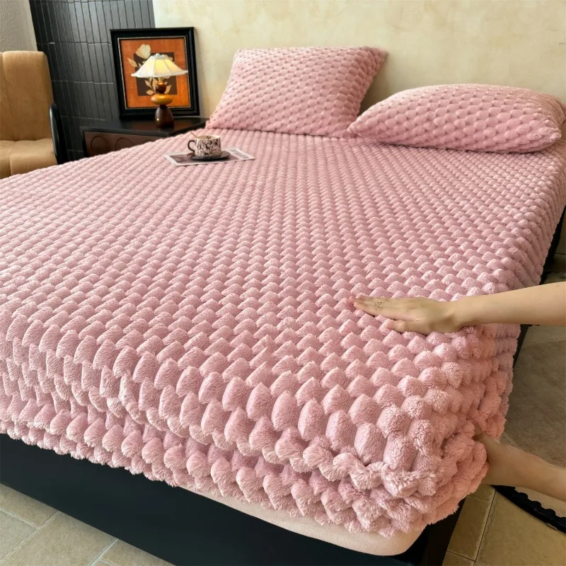 1 piece fleece bed skirt high gram weight thick and warm solid color fully wrapping mattress protector.