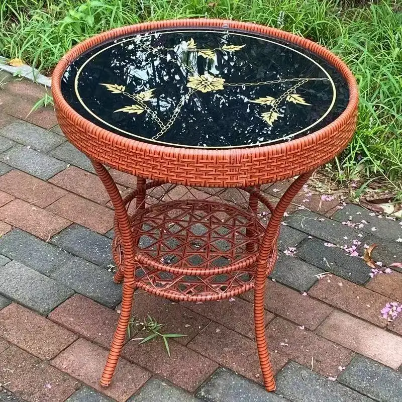 PE Rattan Coffee Table 2-Tier Round Tempered Glass Top Outdoor Patio Side Table Wicker Balcony Leisure Garden Tea Table Deck