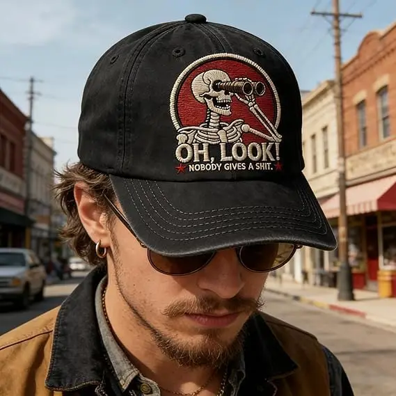 Oh Look Nobody Gives a Shit Hat for Men Women, Vintage Embroidered Skeleton Scout Baseball Cap Dad Cap for Outdoor Fishing