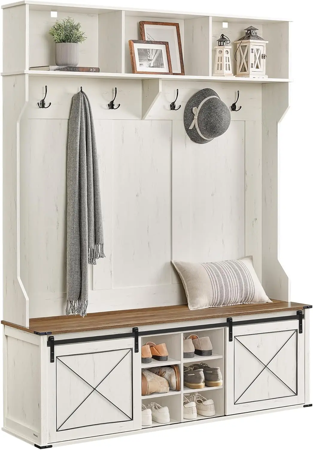 Hall Tree with Bench, Shoe Storage, 6 Tri-Hooks, Sliding Door, Farmhouse Style, Rustic White and Honey Brown UHSR443W01