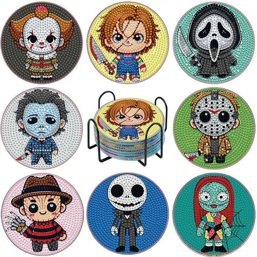 

8Pcs Horror Movie Characters Diamond Painting Coasters Kit with Iron Holder, Round Full Drill 5D Diamond Art Cup Mat, Pennywise