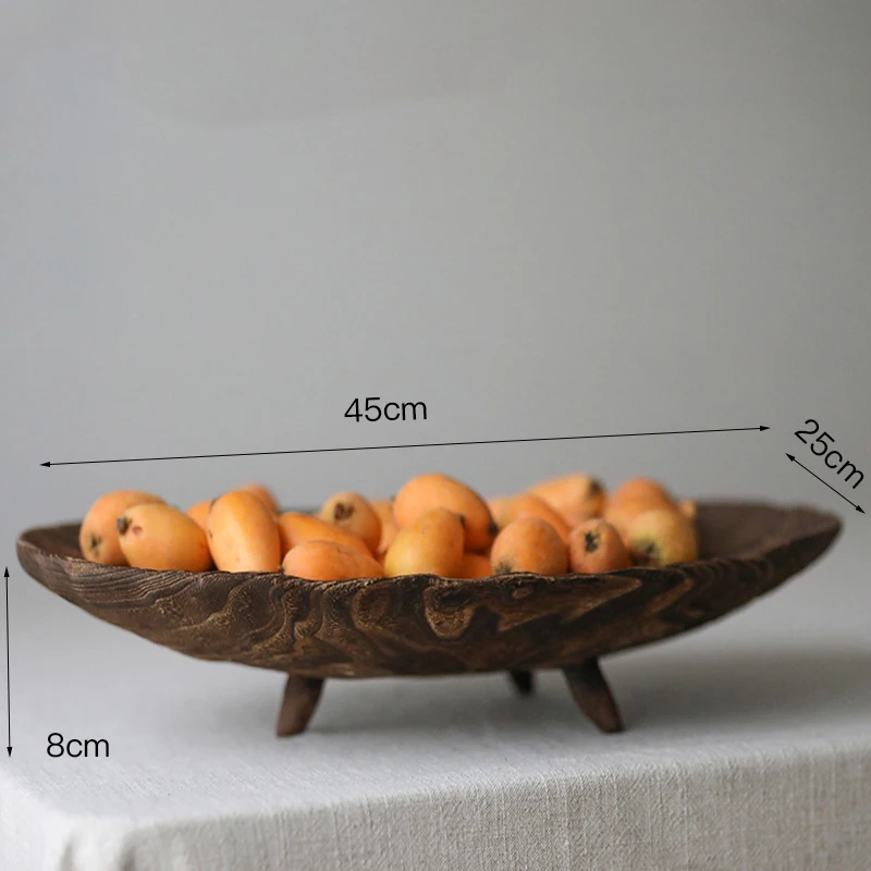 Natural INS Vintage Countryside Style Wood Fruit Snack Breakfast Large Tray Oval Flat Plate Fruit Tray Beautiful Decorative