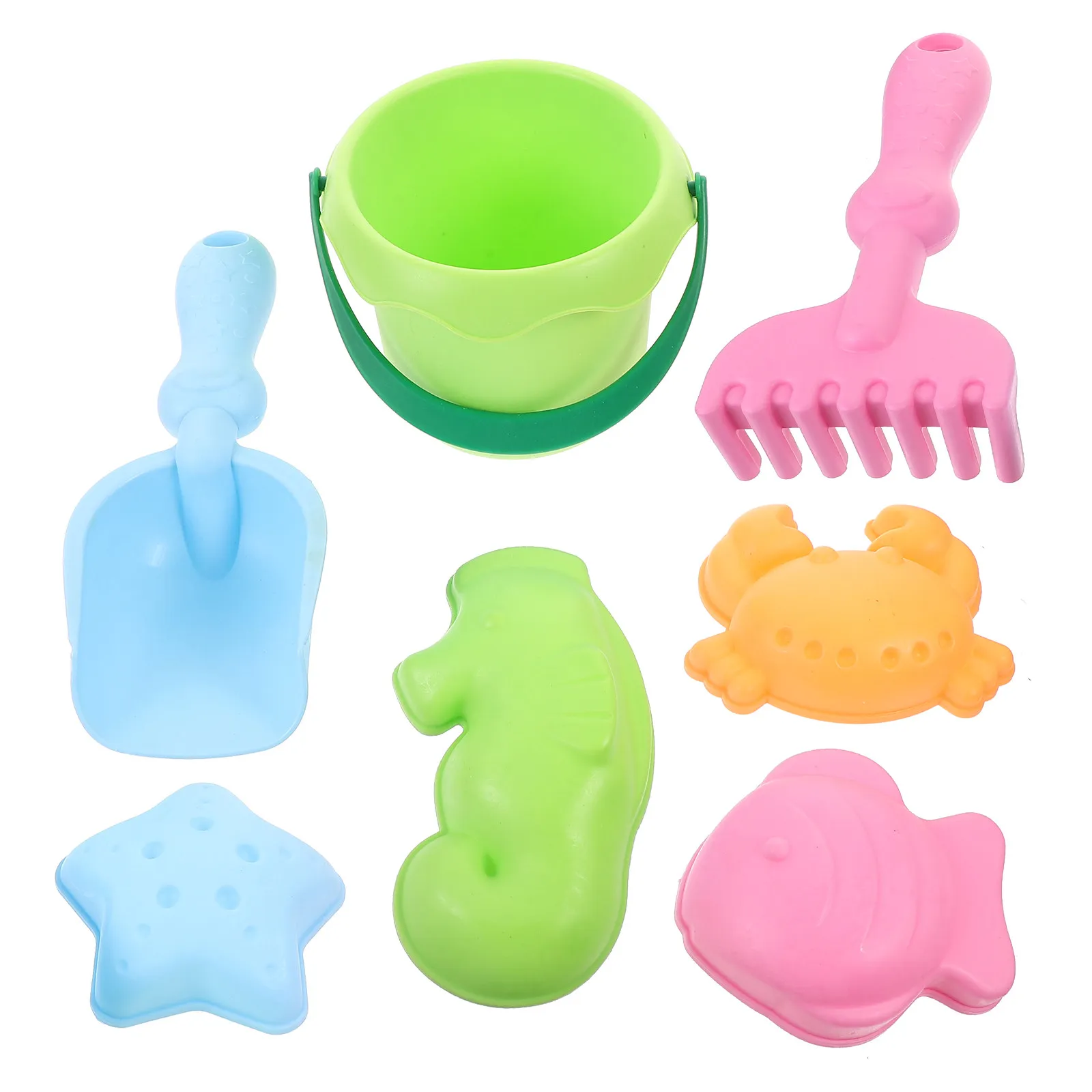 1Set Plastic Soft Beach Sand Molds Premium Beach Sand Toys Set Kids Water Toy Kit Safe Bucket Shovel Rake Pail