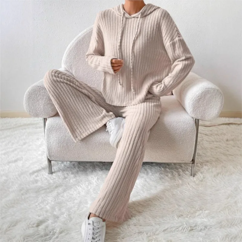 

Autumn Casual Knitted Striped Hooded Sweatshirt Sets Women's Outfits New Solid Color Loose Long Sleeved Long Pants Two-piece Set