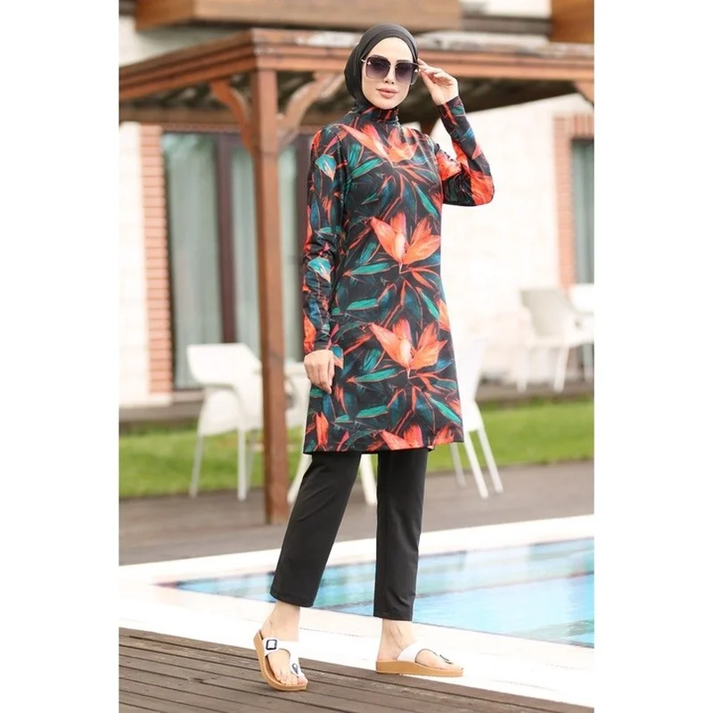 Women Muslim Swimwear Maple Leaf Printing Lslamic Clothes Hijab 3 Pcs Long Sleeves Sport Swimsuit Burkinis Bathing Suit Abaya