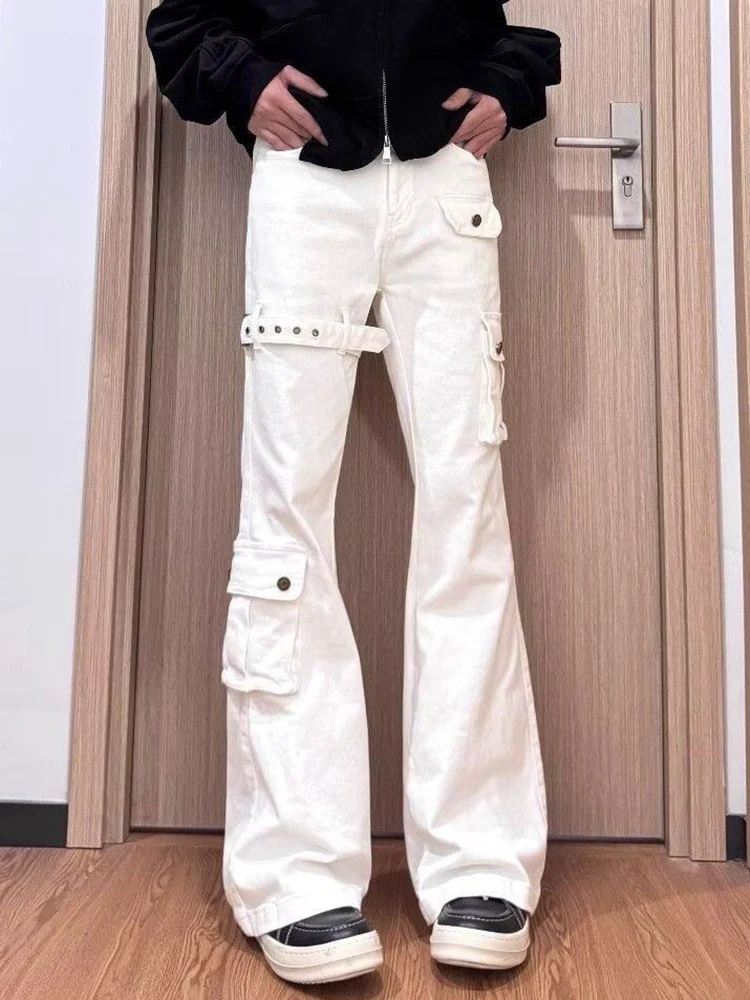 LUZHEN Men's Original Belt Decorate Pockets Patchwork Design Slim Fit Bell-bottoms Jeans Men's Fashion Street Denim Pants JY3468