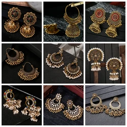 Ethnic Antique Gold Color Earrings Women Geometric Carved Lantern Bead Tassel Hanging Earrings Piercing Indian Jhumka Jewelry