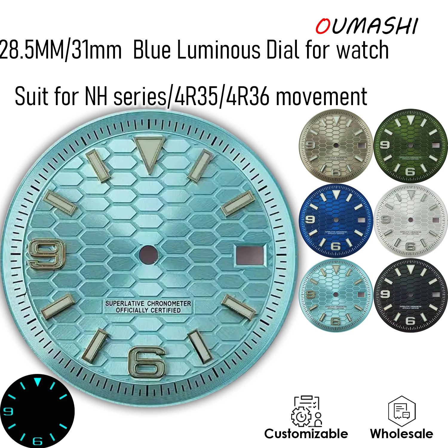 

28.5mm/31mm Dial NH35/36/34 Dial 4R35/4R36 dial Blue Luminous cellular Refit Watch accessories Customizable Wholesale Watch Dial